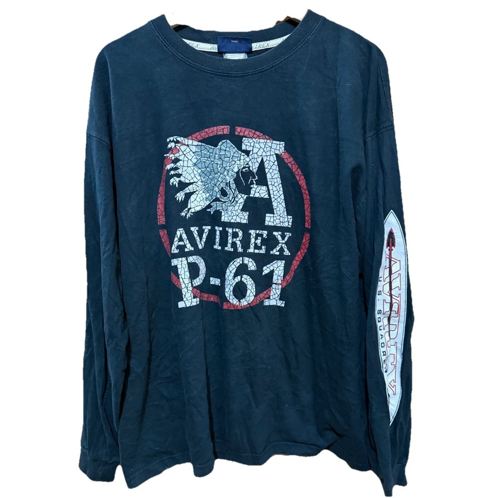Vintage‎ Avirex Shirt Large Blue Long Sleeve Crewneck Y2K Rap Hip Hop